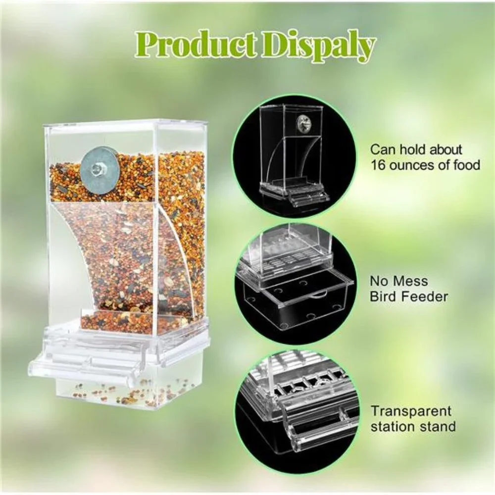 No Mess Automatic BirdFeeder Transparent FoodContainer Cage Acrylic ParrotFeeder